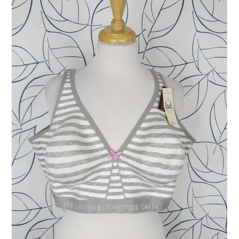 Cacique Lane Bryant Gray & White Striped Cotton Blend Wireless Bra Size 48DD NWT
